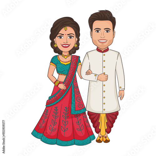 Traditional Indian Character of Bride and Groom Illustration.