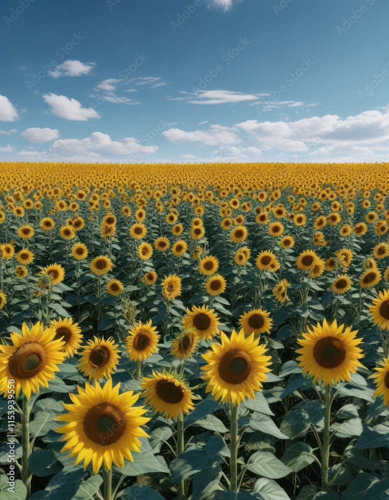 Fototapeta premium Field of sunflowers in bright blue sky, no clouds visible - Blue Sky Sunflower Field, nature scenery, sunflowers, golden light