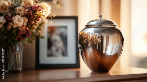 Ashes urn at home on wooden table with reflection surrounded by flowers and photo frame, respect and remembrance
