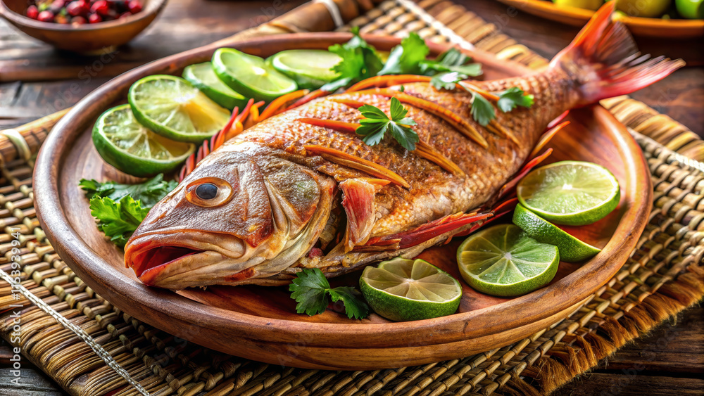 Whole red snapper fish garnished with lime and fresh herbs on a rustic wooden plate Whole red snapper fish garnished with lime and fresh herbs on a rustic wooden plate