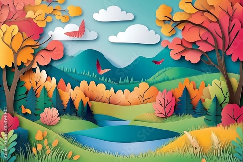 Paper Art Autumn Landscape with Lake and Butterflies