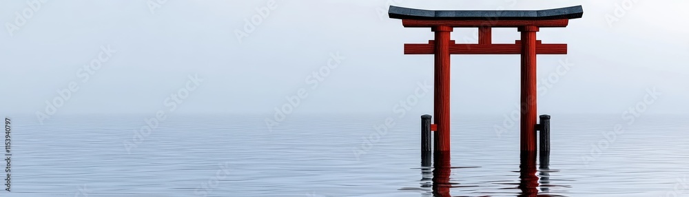 Serene Landscape with Red Torii Gate in Calm Waters Under a Misty Sky at Dawn Serene Landscape with Red Torii Gate in Calm Waters Under a Misty Sky at Dawn