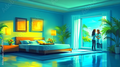 Couple admiring ocean view from luxury bedroom.