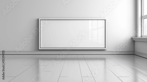 An empty  minimalistic interior room featuring a blank frame on the wall. The floor is shiny  reflecting natural light from large windows.