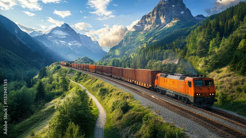 Obraz premium Freight train journey through scenic mountain landscape switzerland nature photography daytime aesthetic transport concept