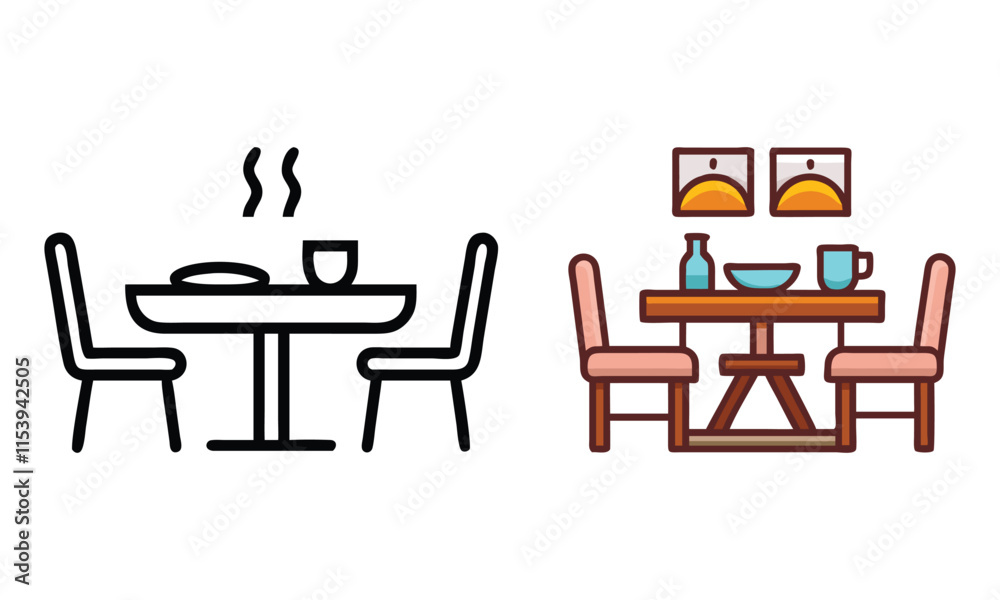 Dining Table Illustrations in Line Art and Color, Set of two dining table illustrations, one in colorful design and one in minimalist line art, featuring chairs, tableware, and decor.
Dining Table Illustrations in Line Art and Color, Set of two dining table illustrations, one in colorful design and one in minimalist line art, featuring chairs, tableware, and decor.