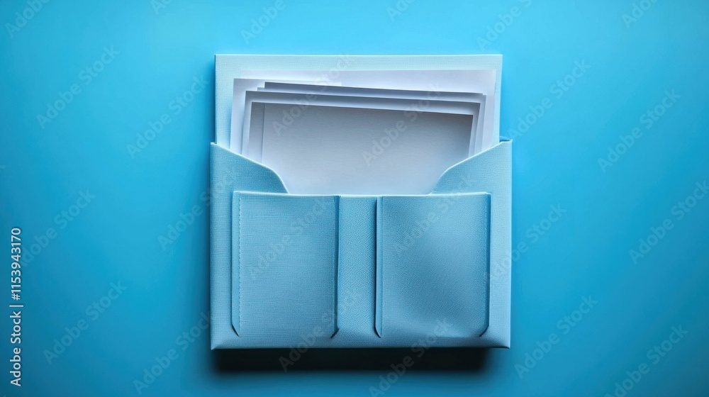 A minimalistic design featuring a light blue folder holding blank papers, arranged neatly against a bright blue background. A minimalistic design featuring a light blue folder holding blank papers, arranged neatly against a bright blue background.