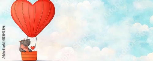 Cute Hippo Valentines Day. A cute hippo floating in a heart-shaped hot air balloon against a dreamy sky. photo