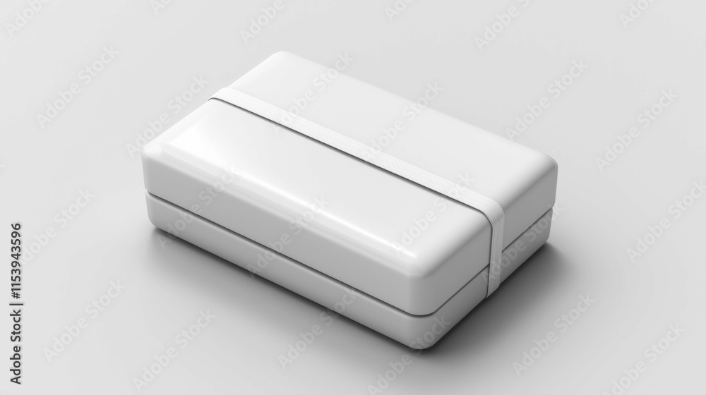 A minimalistic white box with a rubber band around it, set against a plain light background. Perfect for product presentation or branding. A minimalistic white box with a rubber band around it, set against a plain light background. Perfect for product presentation or branding.
