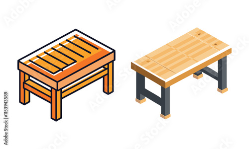Wooden Bench and Table Isometric Illustrations, Set of two isometric wooden furniture illustrations, featuring a bench and a table, ideal for decor, outdoor, or furniture projects.
