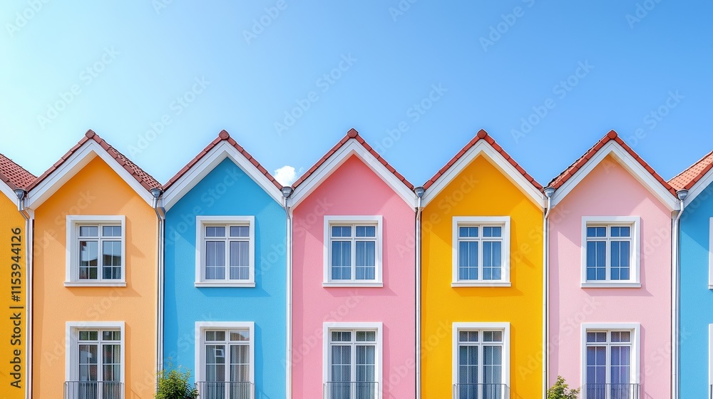 Colorful Row of Vibrant Houses Under Clear Blue Sky Colorful Row of Vibrant Houses Under Clear Blue Sky
