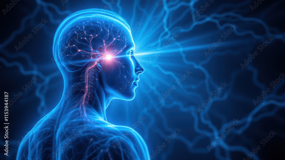 A man's head with a highlighted illustration of the vagus nerve showing where VNS works to treat epilepsy, depression and other conditions. A man's head with a highlighted illustration of the vagus nerve showing where VNS works to treat epilepsy, depression and other conditions.