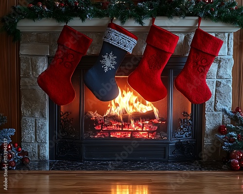 A cozy holiday fireplace scene with stockings and a glowing fire. photo