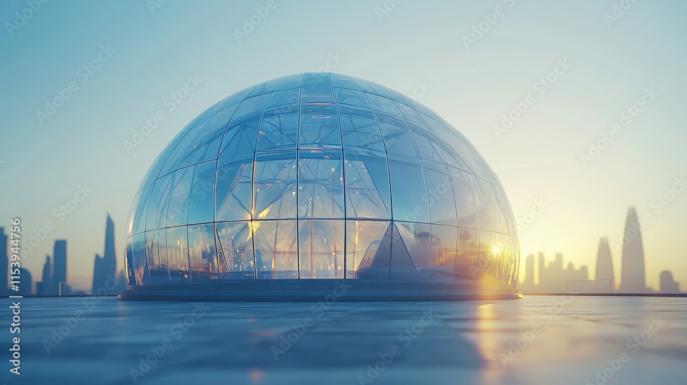 Fototapeta premium Modern Glass Dome Structure in Urban Setting During Sunrise