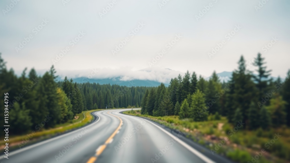 Fototapeta premium Scenic Winding Road Through a Lush Evergreen Forest with Misty Mountains in the Distance
