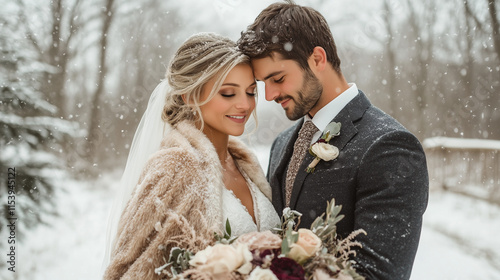 Smiling couple in snowy forest on their wedding day