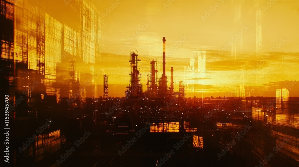 Industrial sunset over oil refineries energy sector photograph urban environment wide-angle viewpoint sustainability concept Industrial sunset over oil refineries energy sector photograph urban environment wide-angle viewpoint sustainability concept