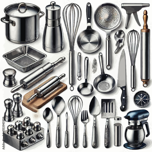 Realistic Kitchen stainless steel tools Set illustration