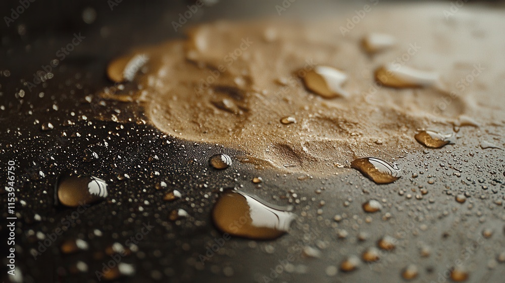 Close-Up of Liquid Droplets on Dark Surface with Gold Shimmer Close-Up of Liquid Droplets on Dark Surface with Gold Shimmer