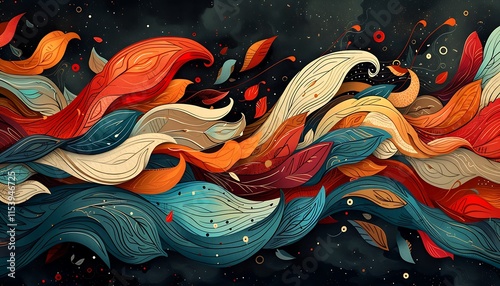 A flowing abstract design featuring waves of intertwined leaves and colors, including red, teal, orange, and cream, creating a harmonious natural aesthetic. photo