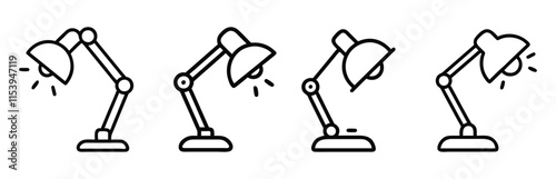 Black and White Desk Lamp Line Art, Set of four desk lamps in minimalist black and white line art style, ideal for design, education, or lighting concepts.
