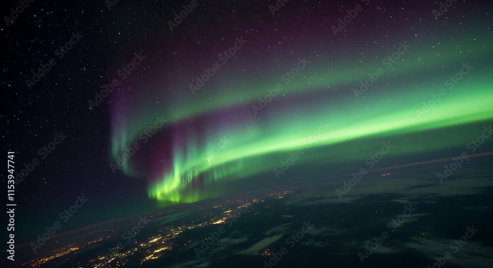 A vibrant aurora borealis seen from a space station orbiting Earth. A vibrant aurora borealis seen from a space station orbiting Earth.