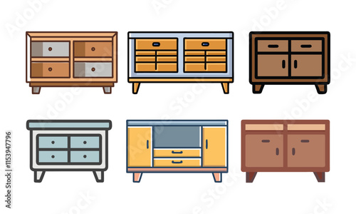 Colorful Cabinet and Sideboard Design Set, Vector illustration of six cabinets and sideboards in various colorful designs, featuring drawers and doors for stylish and functional storage solutions.
