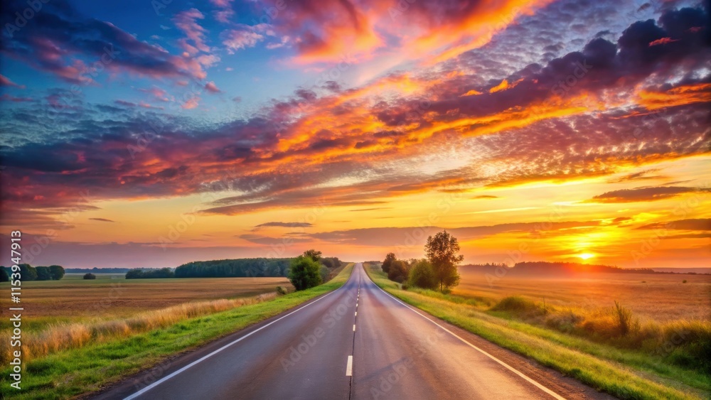 Fototapeta premium A serene sunrise over a rural landscape with asphalt highways stretching into the horizon, set against a warm orange and pink sky with gentle clouds floating by , natural scenery, peaceful atmosphere