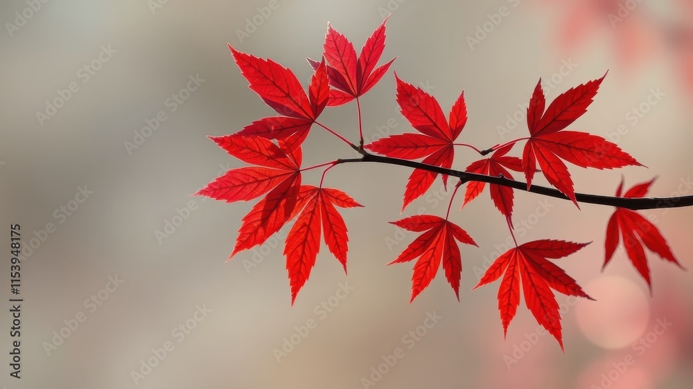 Vibrant Red Maple Leaves on a Branch Against a Soft Background Vibrant Red Maple Leaves on a Branch Against a Soft Background