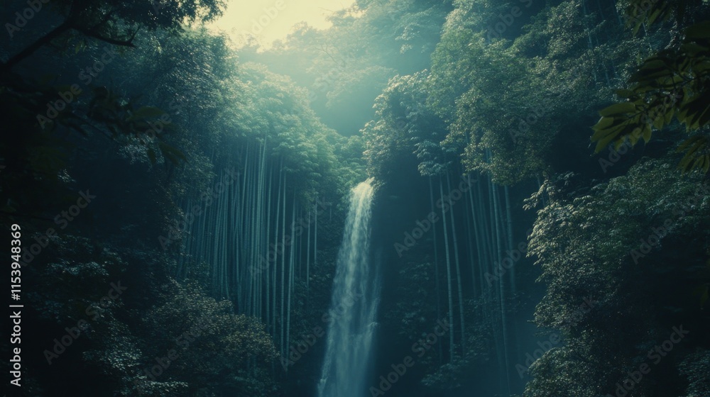 Serene Bamboo Forest with Tranquil Waterfall Serene Bamboo Forest with Tranquil Waterfall