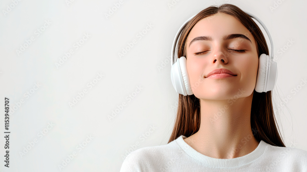 Young redhead woman with closed eyes relaxing in wireless headphones. Copy space. Young redhead woman with closed eyes relaxing in wireless headphones. Copy space.
