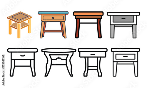 Variety of Tables and Nightstands in Color and Line Art, Vector illustration of eight table and nightstand designs, featuring a mix of colorful and black-and-white line art styles with drawers and uni