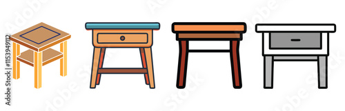 Set of Tables and Nightstands in Various Styles, Vector illustration of four table and nightstand designs, showcasing colorful and minimalist styles with drawers and unique leg structures for modern i