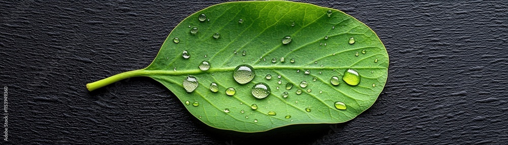 Fototapeta premium Fresh Green Leaf with Water Droplets on Dark Background Close-Up Nature Photography