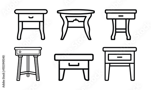 Line Art Nightstand and Table Designs, Black and white line art illustration of six nightstand and table designs, showcasing a variety of shapes, drawers, and leg styles for versatile interiors.

