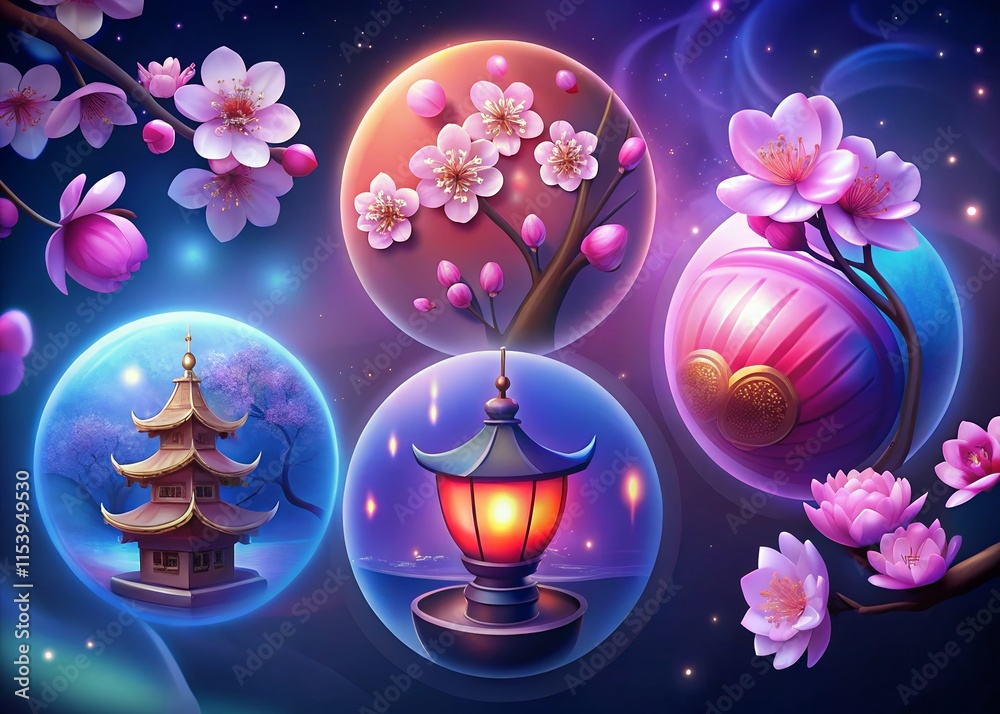 background with flowers chinese new year elements, asian oriental ornaments. Japanese festive decorations, clouds, flowers and patterns vector set. background with flowers chinese new year elements, asian oriental ornaments. Japanese festive decorations, clouds, flowers and patterns vector set.