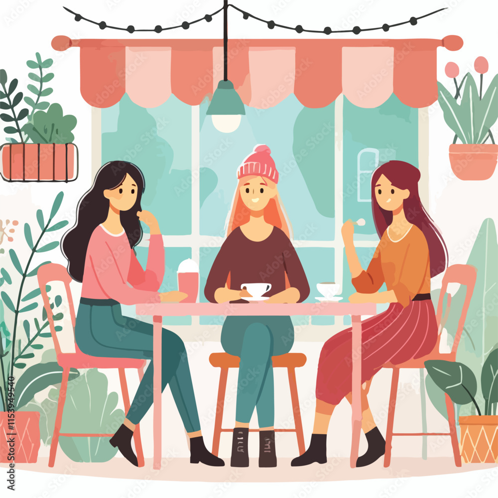 Flat young girl friends in cafe on meeting vector image vector on a white background Flat young girl friends in cafe on meeting vector image vector on a white background