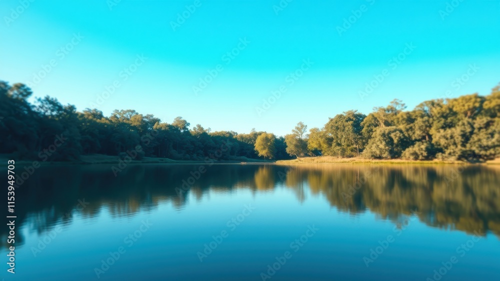 Obraz premium Serene Lakeside Vista Tranquil Water Reflecting Lush Green Foliage Under a Clear Blue Sky