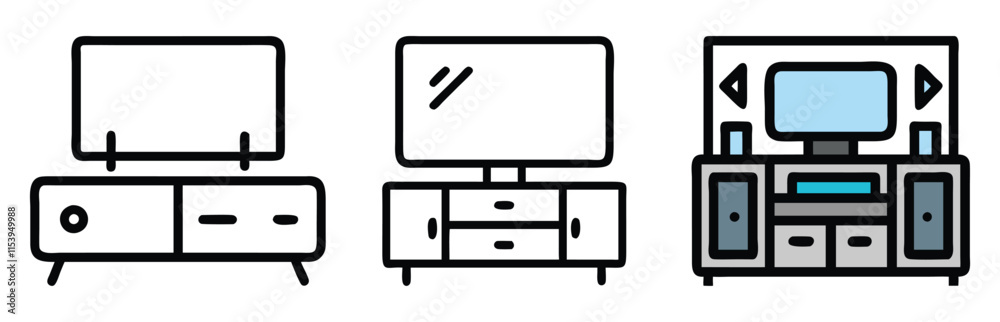 Modern TV Stand and Console Designs, Vector illustration of three TV stand and console designs, featuring minimalist and colorful styles with storage compartments for modern interiors.
Modern TV Stand and Console Designs, Vector illustration of three TV stand and console designs, featuring minimalist and colorful styles with storage compartments for modern interiors.