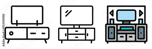 Modern TV Stand and Console Designs, Vector illustration of three TV stand and console designs, featuring minimalist and colorful styles with storage compartments for modern interiors.
