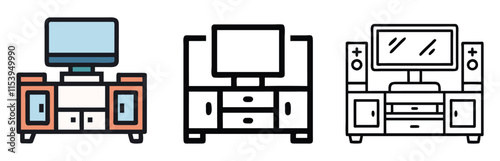 TV Console Designs in Color and Line Art, Vector illustration of three TV consoles with storage compartments and screens, shown in colorful and black-and-white line art styles for home setups.
