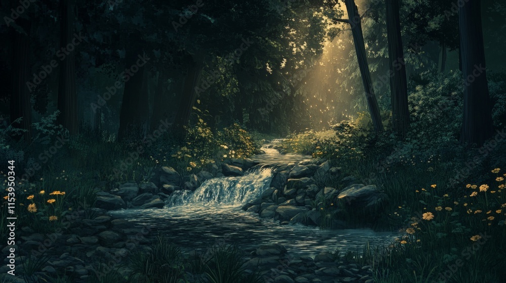 Tranquil Freshwater Stream with Gentle Waterfall Tranquil Freshwater Stream with Gentle Waterfall