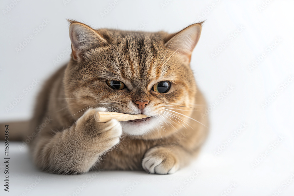 Portrait of cat with cat treat isolated on white background, Selective focus cat with snack on white. Portrait of cat with cat treat isolated on white background, Selective focus cat with snack on white.