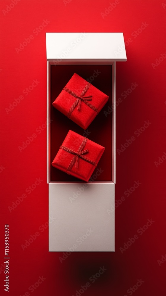 Two Red Gift Boxes in White Box on Red Background Two Red Gift Boxes in White Box on Red Background