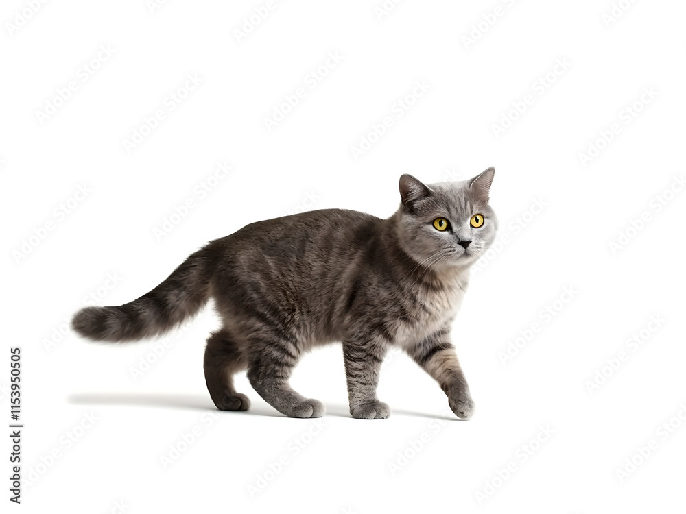 A full shot of a light gray British Shorthair cat. The cat is positioned in a dynamic stance, as if walking. A full shot of a light gray British Shorthair cat. The cat is positioned in a dynamic stance, as if walking.