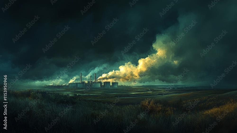 Industrial pollution impacting rural landscape in an overcast sky environmental art dramatic viewpoint Industrial pollution impacting rural landscape in an overcast sky environmental art dramatic viewpoint
