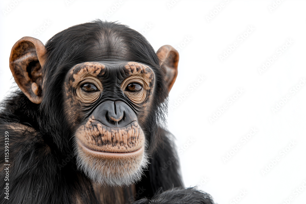 Fototapeta premium Portrait of chimpanzee with black hair isolated on white background, Selective focus smile monkey on white.