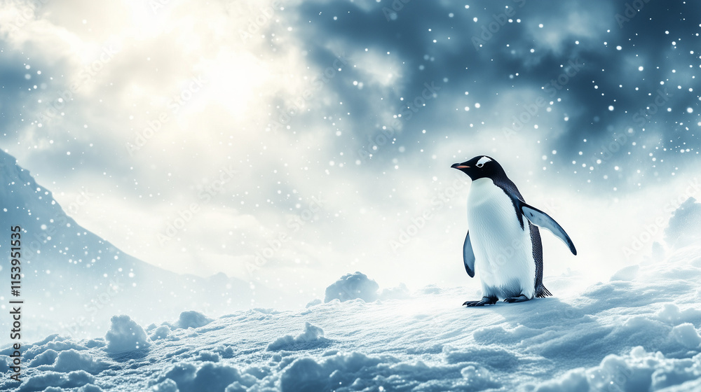 Obraz premium Penguin standing in snow under dramatic cloudy sky