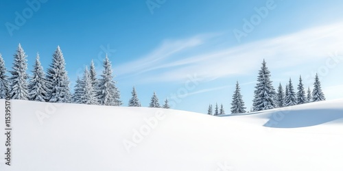 Snow-Covered Winter Landscape Featuring Silhouetted Evergreens Against a Deep Blue Sky, Evoking Serenity and the Beauty of a Frozen Wilderness