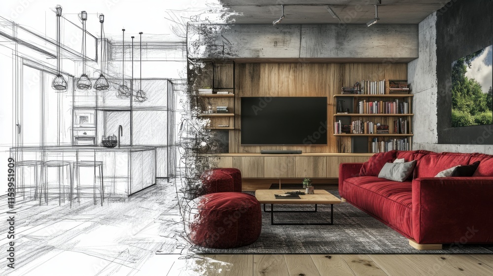 Sala moderna con sofá rojo y estantería